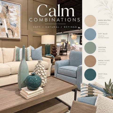 Embrace the soothing harmony of our "Calm Combinations" mood board, featuring a natural blend of warm neutrals, soft bl…