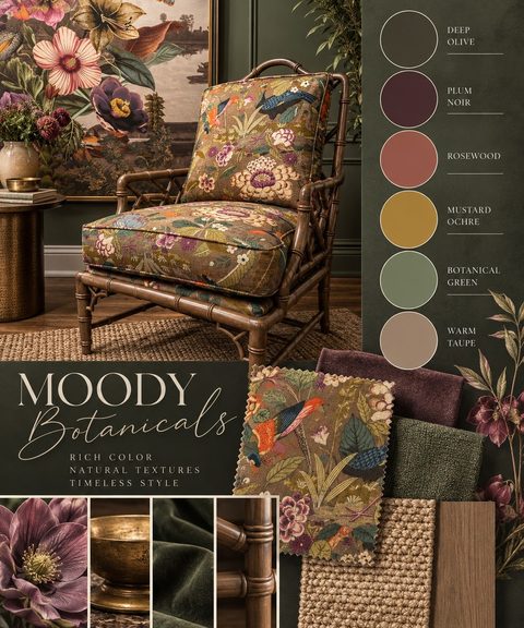 Moody Botanicals: where rich color meets natural texture. Anchor your next design project with this timeless blend of D…
